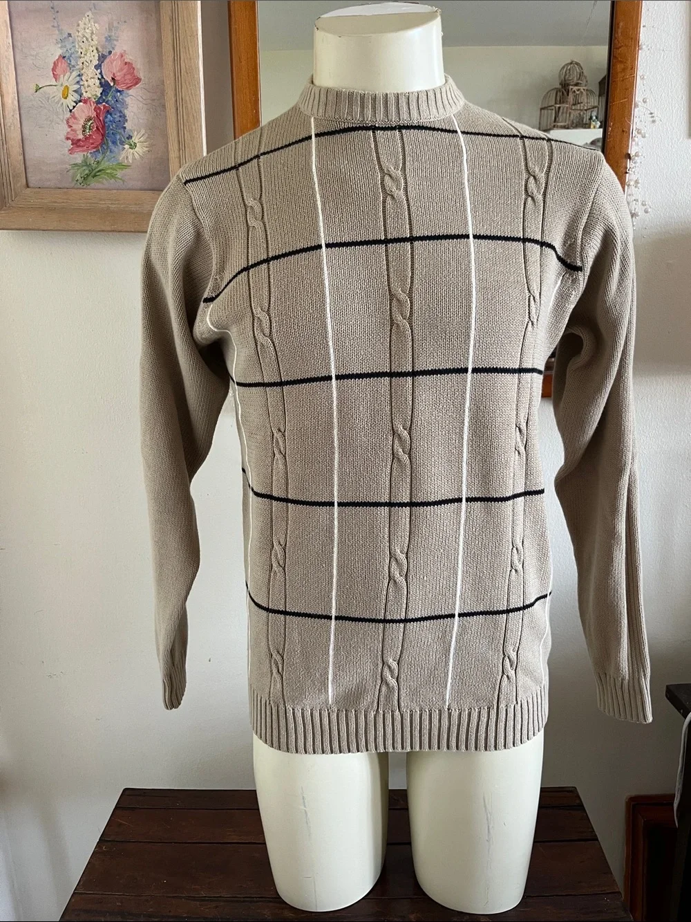 Vintage Haggar Beige Crewneck Cable-Knit Windowpane Sweater 100% Cotton Size M